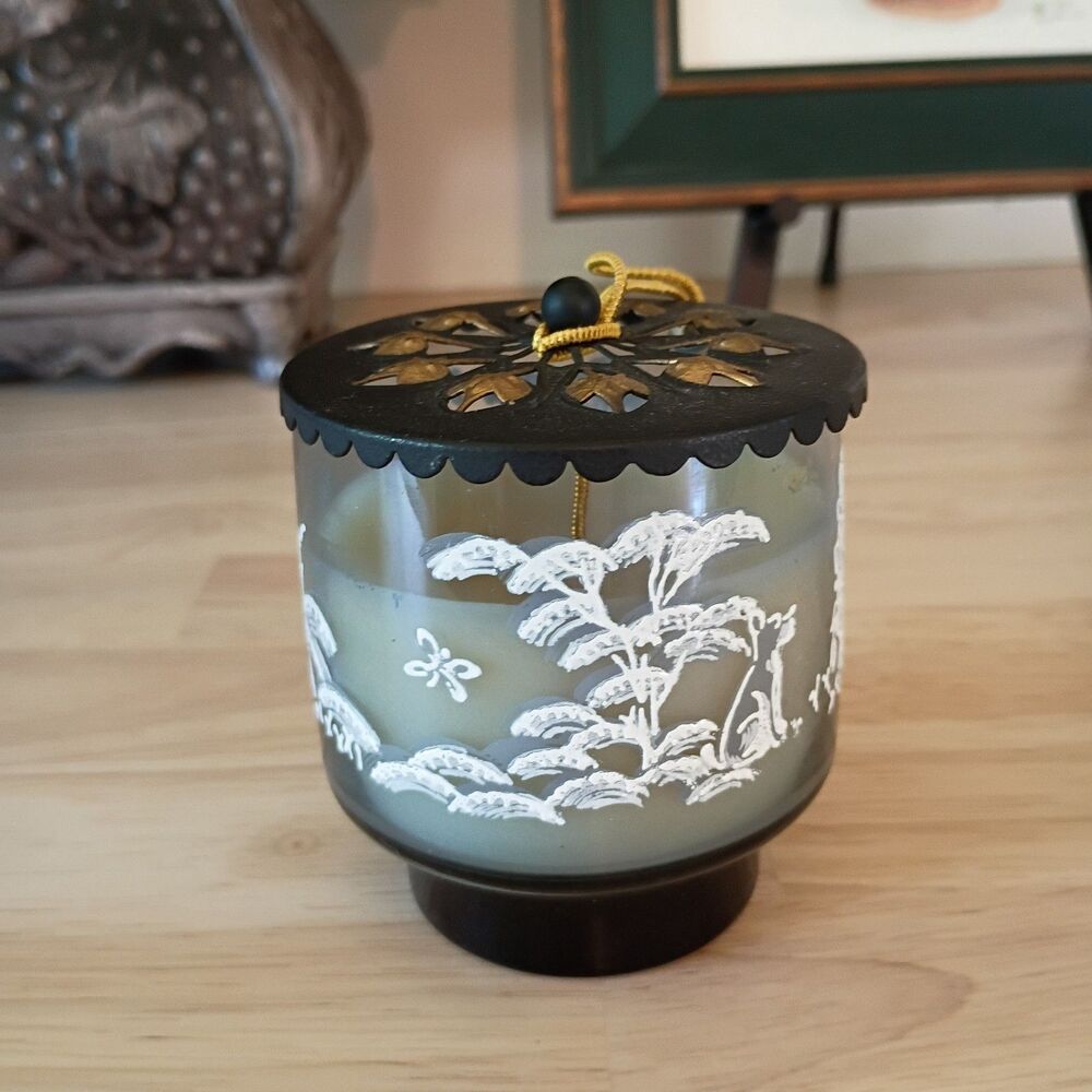 Libbey Mary Gregory Vintage Asian Glass Scented Candle with Metal Lid 3.25" - Picture 4 of 11